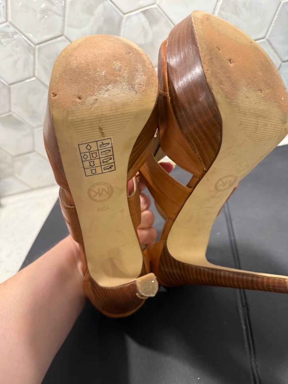 Michael Kors Berkley Platform Sandals Tan Leather Sz 10 Zipper Stiletto Heels - Picture 14 of 16